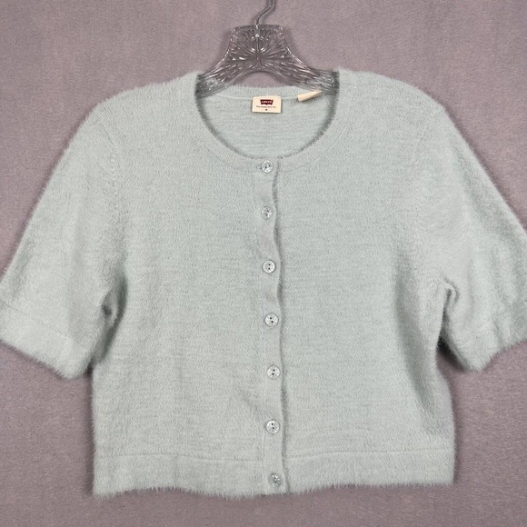 Levi's Crop Top Size Medium Mint Green Fuzzy Button Up Short Sleeve Cozy - Picture 2 of 11